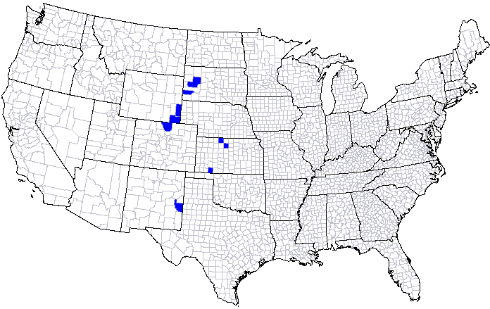 Geographic distribution by county for the leafhopper Athysanella (Amphipyga) rubicunda
