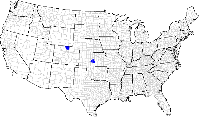 Geographic distribution by county for the leafhopper Athysanella (Amphipyga) kansana